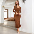 Robe midi tricotée flatteuse pour femmes avec manches longues, couture taille sculptée et ourlet en queue de poisson