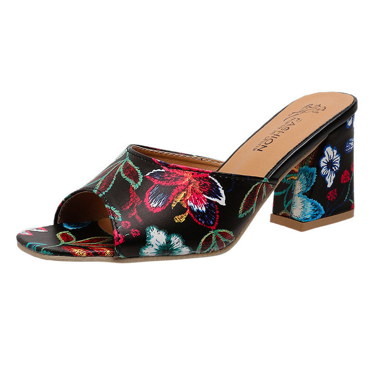 Mules ouvertes pour femmes avec motif floral et talon bloc confortable R&B