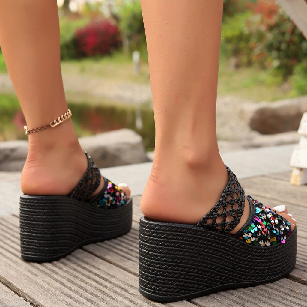 Pantoufles à talons compensés pour femmes avec paillettes scintillantes et matériau supérieur raffiné R&B