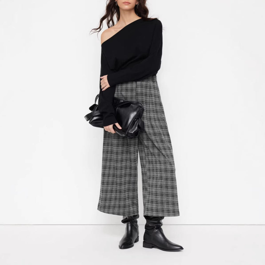 Pantalon large en culotte pour femmes avec motif à carreaux et taille haute