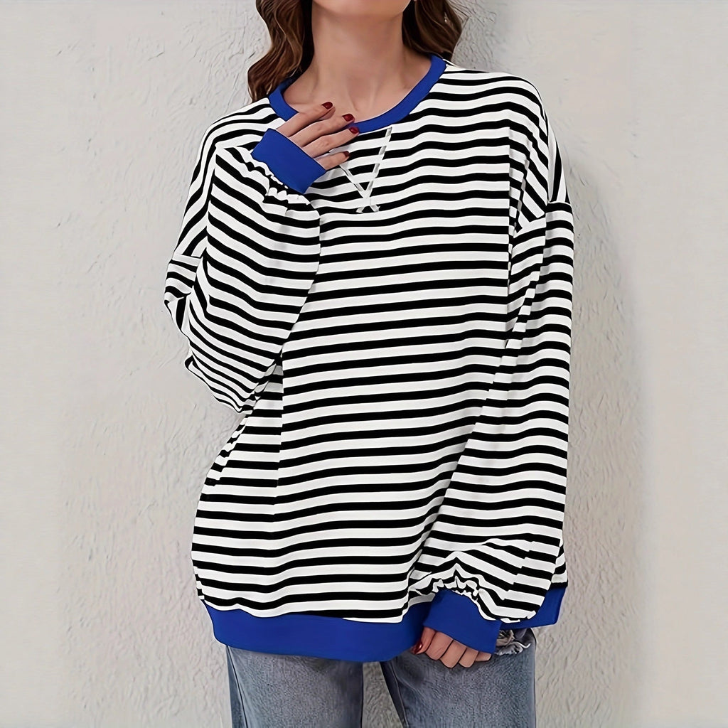 Sweat-shirt à rayures oversize décontracté pour femmes avec manches raglan et bords contrastés Echoarchiv