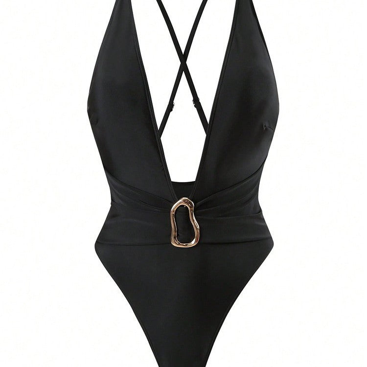 Maillot de bain une pièce pour femmes avec décolleté en V profond et élément décoratif élégant R&B