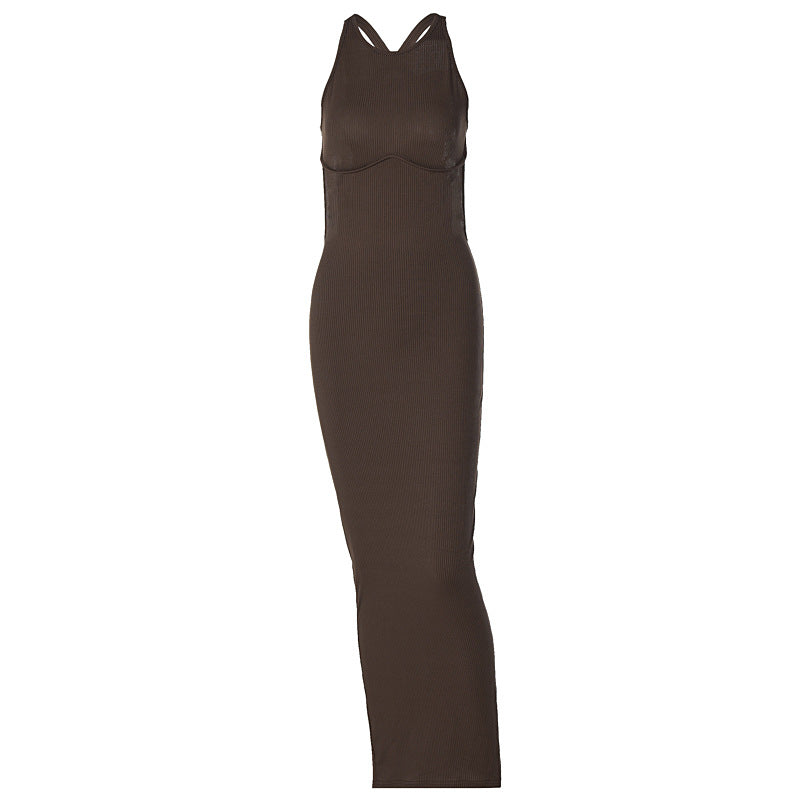 Robe maxi tricotée près du corps pour femmes avec décolleté raffiné et longues bretelles Heidi-Mode