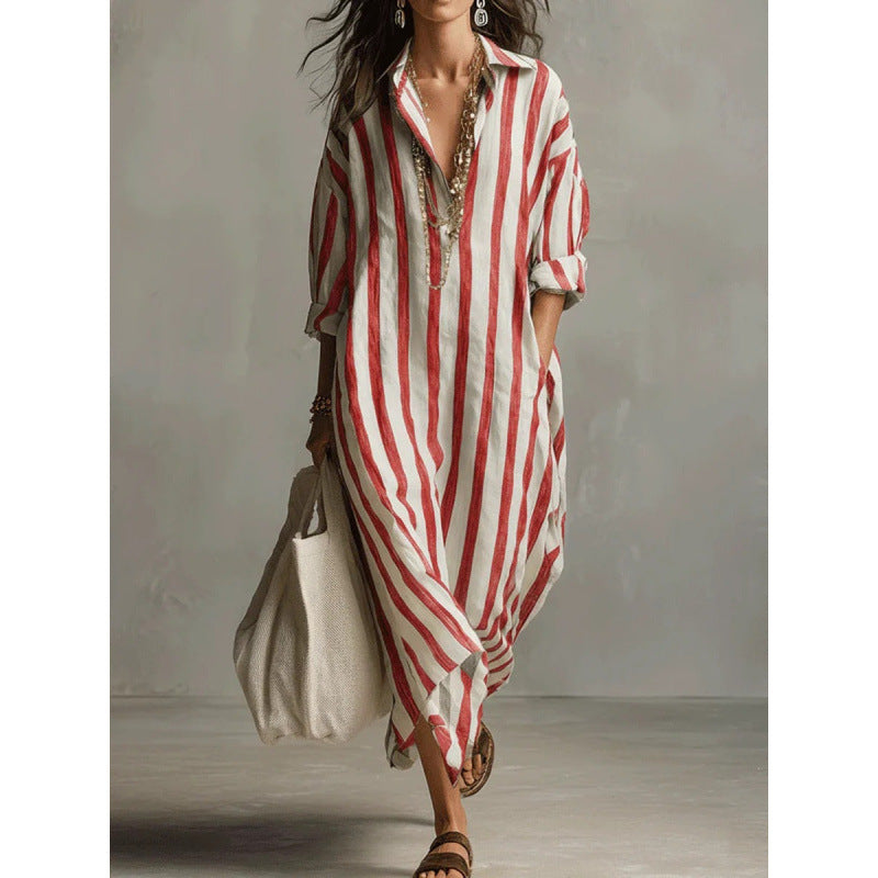 Robe chemise longue à rayures pour femmes en look lin avec décolleté en V et poches passepoilées Echoarchiv