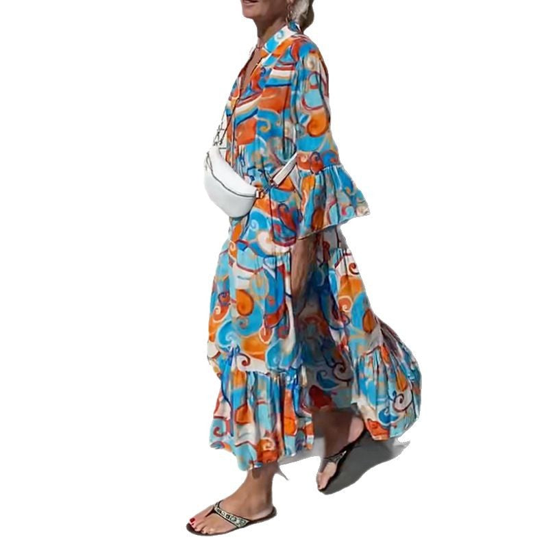 Robe maxi aérienne pour femmes avec imprimé aquarelle, décolleté en V, patte de boutonnage et jupe à volants R&B