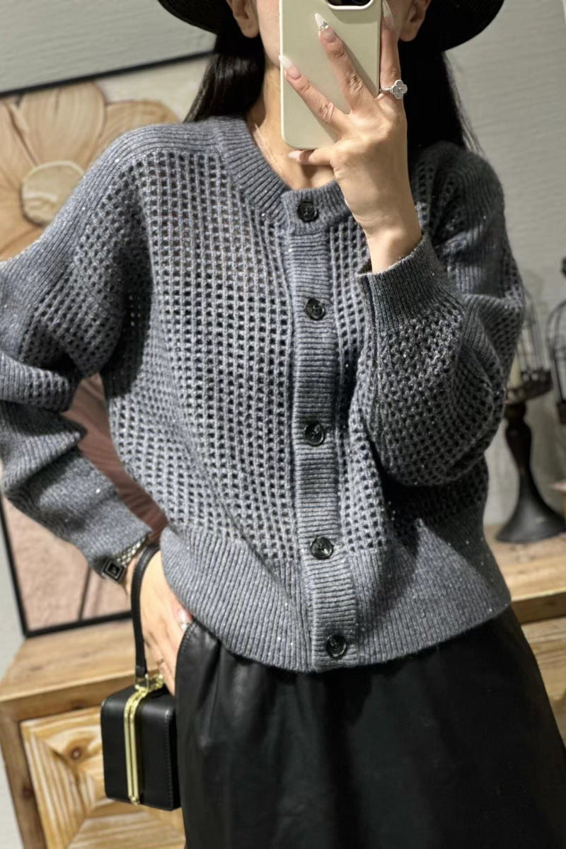 Cardigan en maille pour femmes avec col rond, patte de boutonnage et manches longues