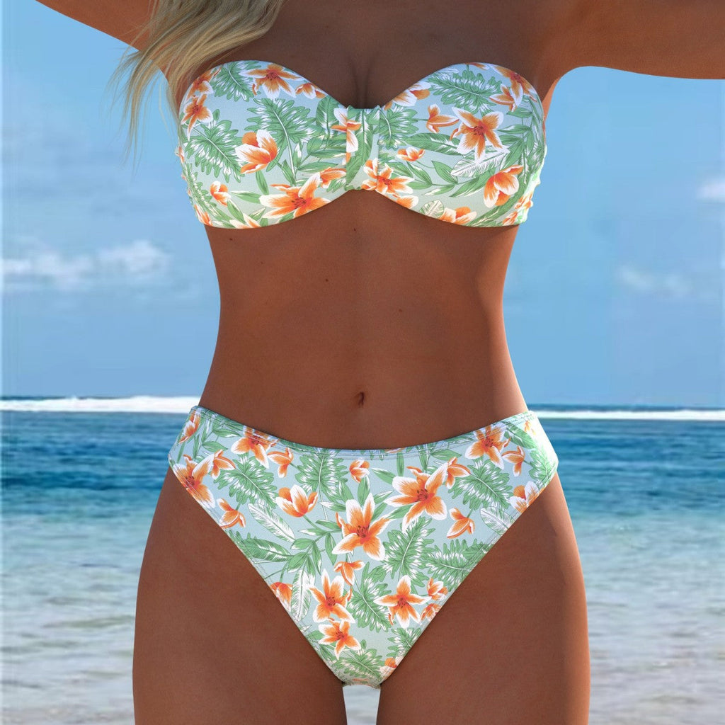 Bikini bandeau pour femmes avec un motif de plumes unique et une taille haute R&B