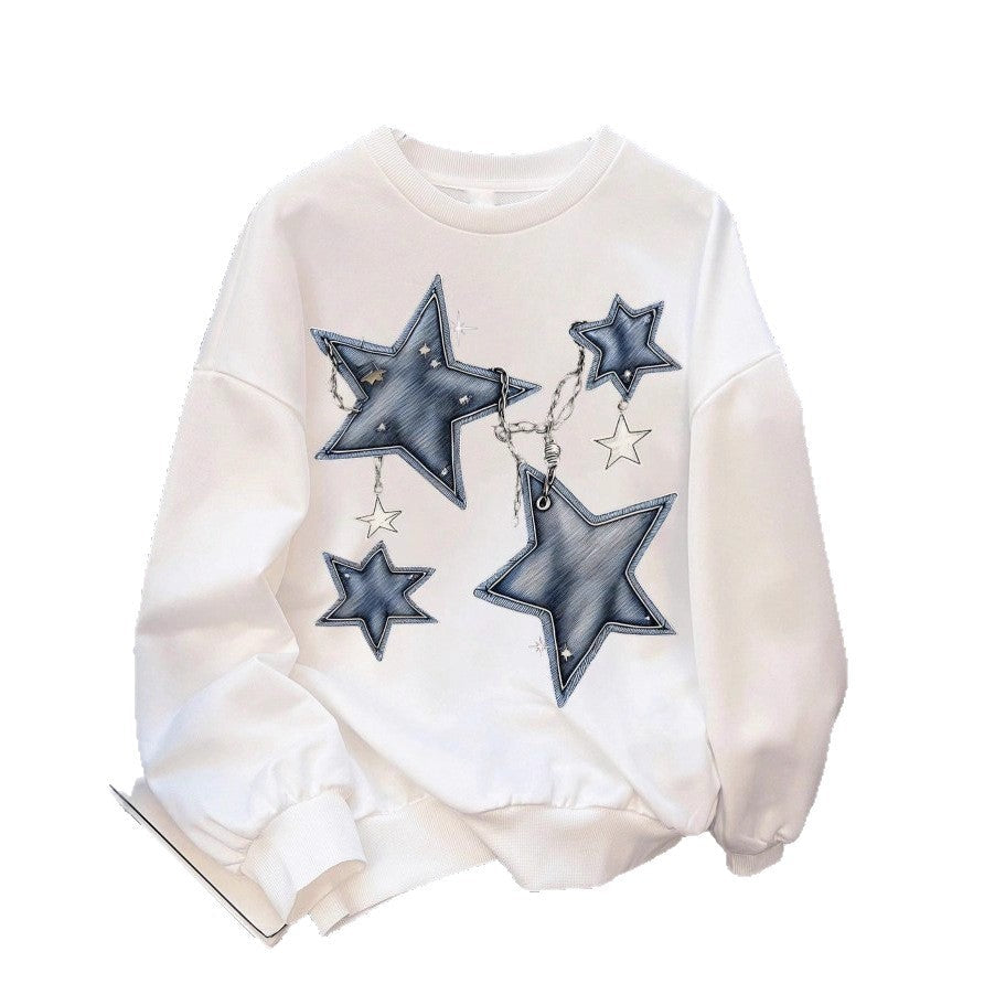 Sweat-shirt oversize décontracté pour femmes avec des appliqués étoile brodés en denim et ourlet côtelé Echo Archiv