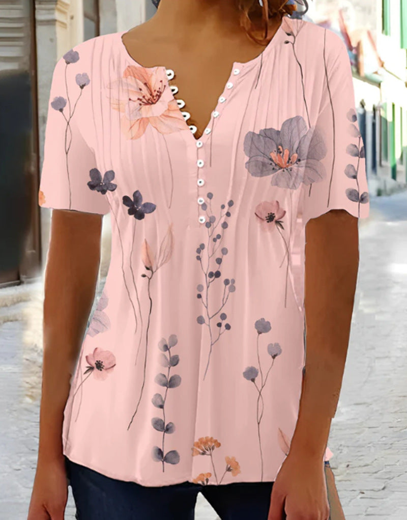 Tunique en viscose légère pour femmes avec plis décoratifs, patte de boutonnage partielle et imprimé fleurs aquarelle R&B