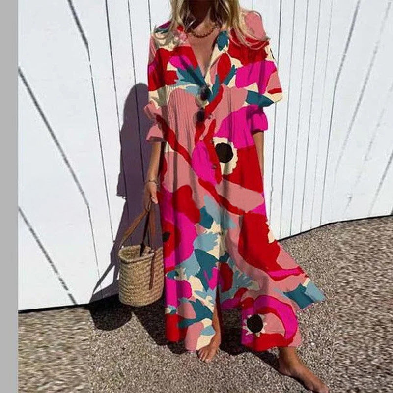 Robe Maxi Fluide pour Femmes avec Boutonnage Intégral, Décolleté en V et Imprimé Ethnique Echoarchiv