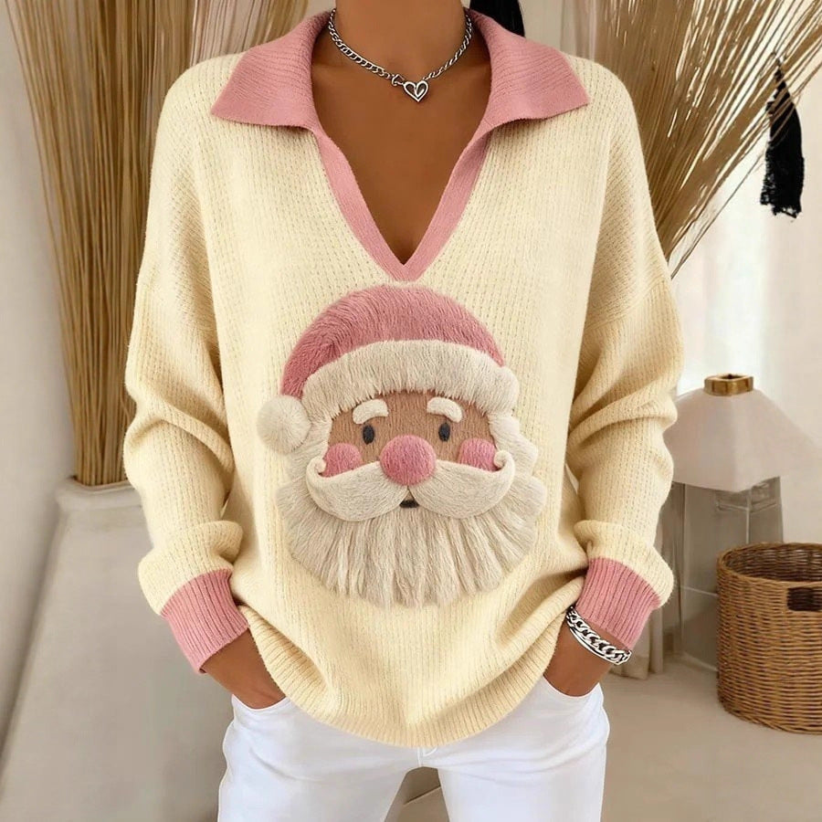 Pull en tricot doux pour femmes avec col en V, col polo et motif de Noël 3D