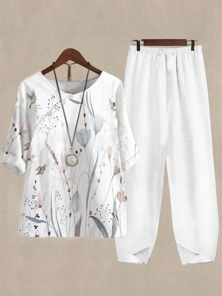 Haut de loisirs pour femmes avec motif floral et pantalon confortable R&B