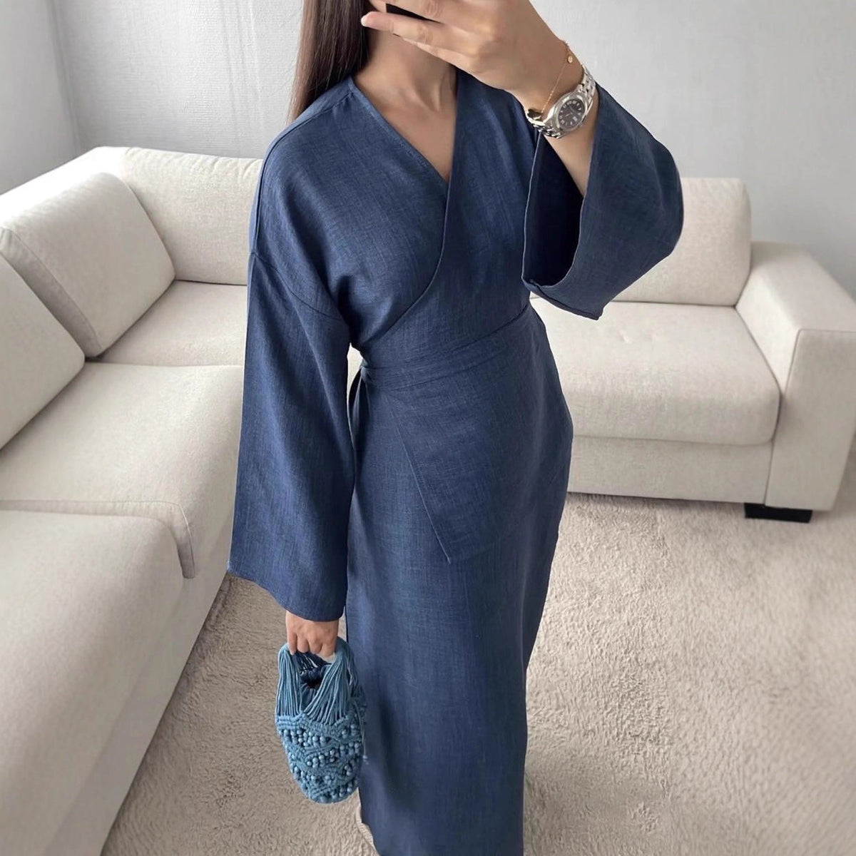 Robe maxi portefeuille pour femmes en effet lin avec manches kimono et taille cintrée Echoarchiv