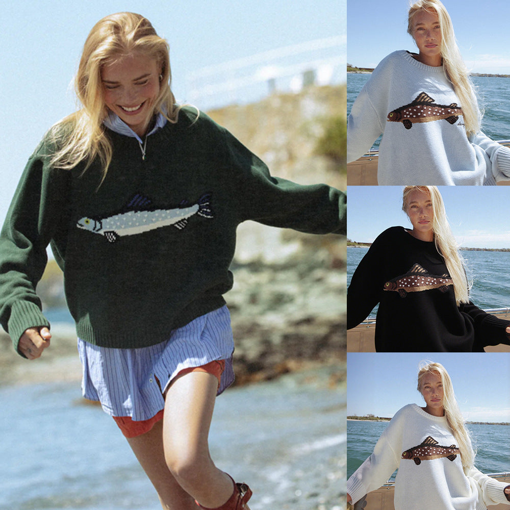 Pull-over en maille oversize pour femmes avec jacquard poisson, col montant et bords côtelés Echoarchiv