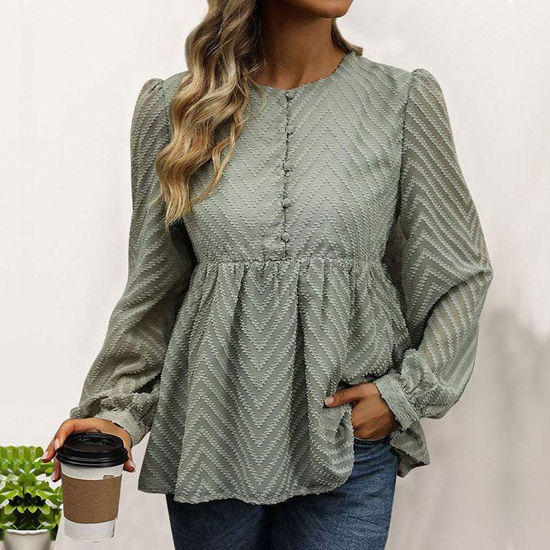 Blouse Peplum en Chiffon pour Femmes avec Structure Chevron, Taille Empire Froncée & Boutonnage Echoarchiv