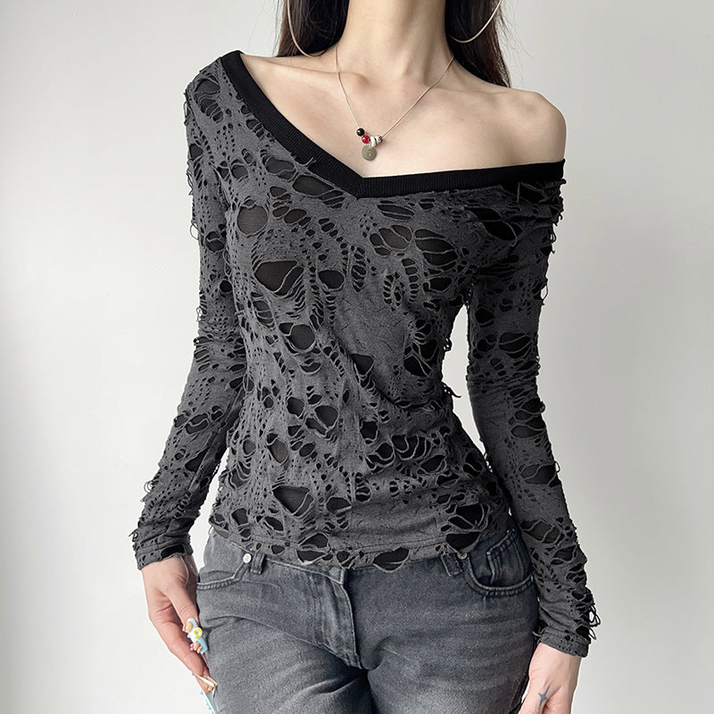 T-shirt en dentelle transparente pour femmes avec décolleté en V, look superposé à manches longues et Cami intégré Echo Archiv