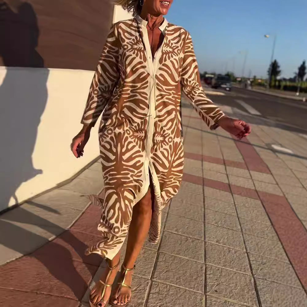 Robe chemise longue pour femmes avec col montant, patte de boutonnage cachée et fente latérale R&B