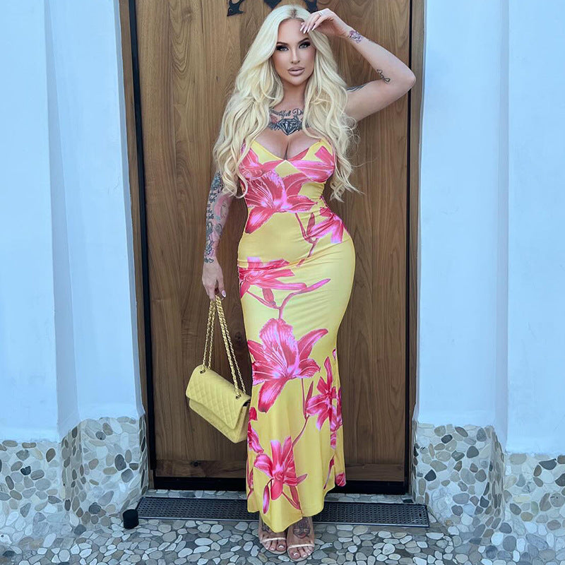 Robe maxi femme avec motif floral et fines bretelles spaghetti Heidi-Mode