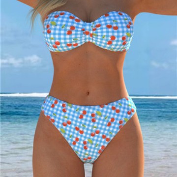 Bikini bandeau pour femmes avec un motif à carreaux ludique et un imprimé fruité R&B