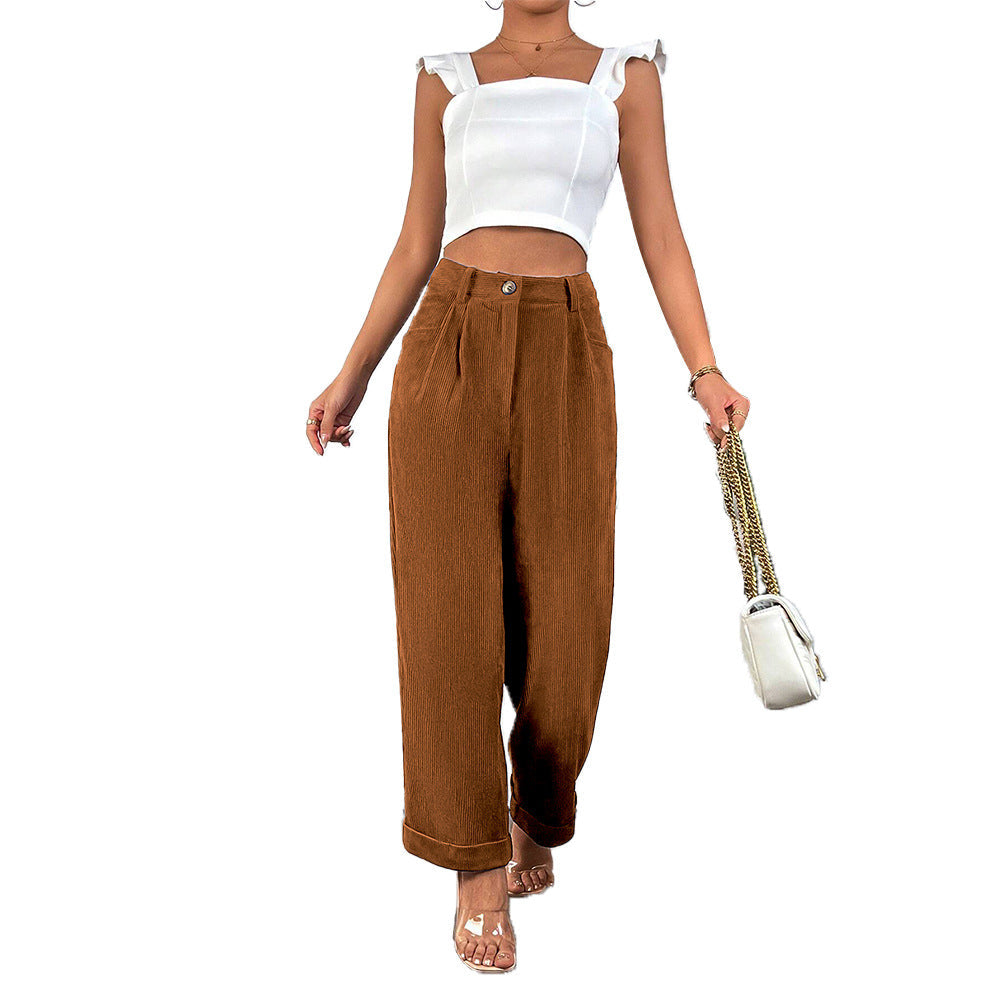 Pantalon en velours côtelé taille haute pour femmes avec jambe large, plis à la taille et ourlet retourné