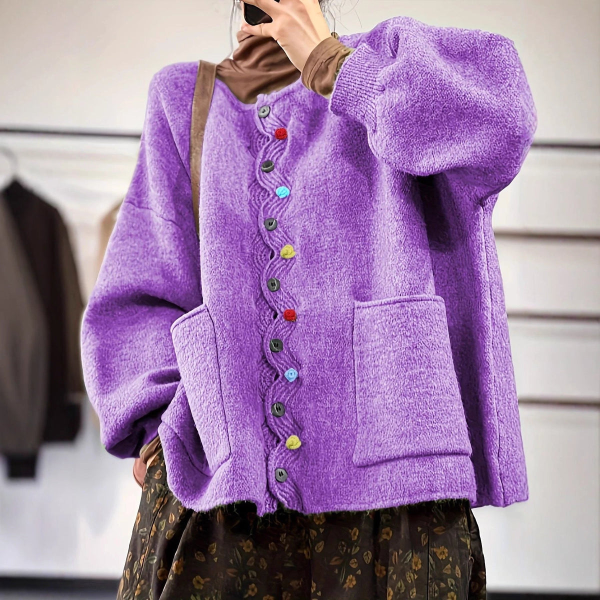 Cardigan en tricot oversized pour femmes avec patte de boutonnage décorative et poches plaquées Echo Archiv