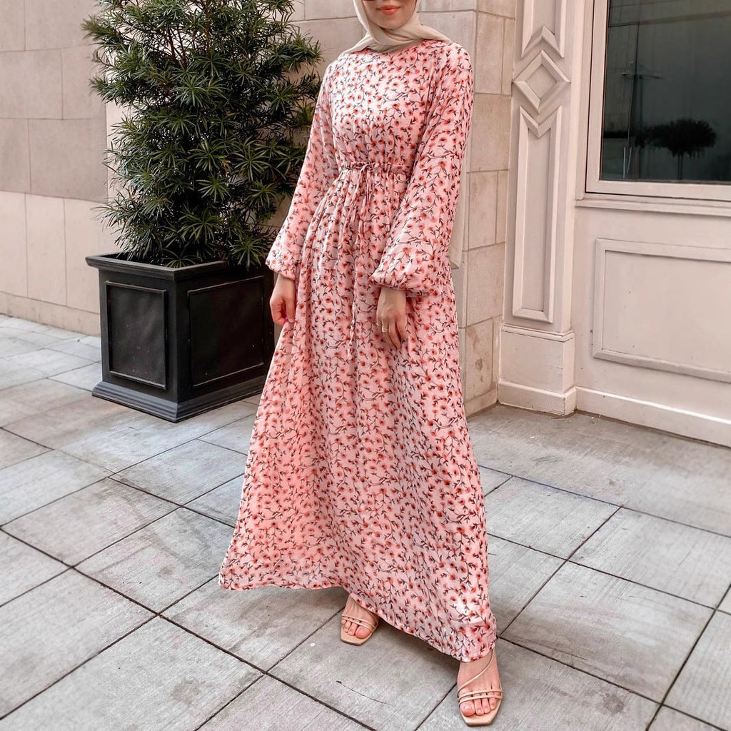 Robe maxi à fleurs pour femmes avec taille à cordon et manches ballon