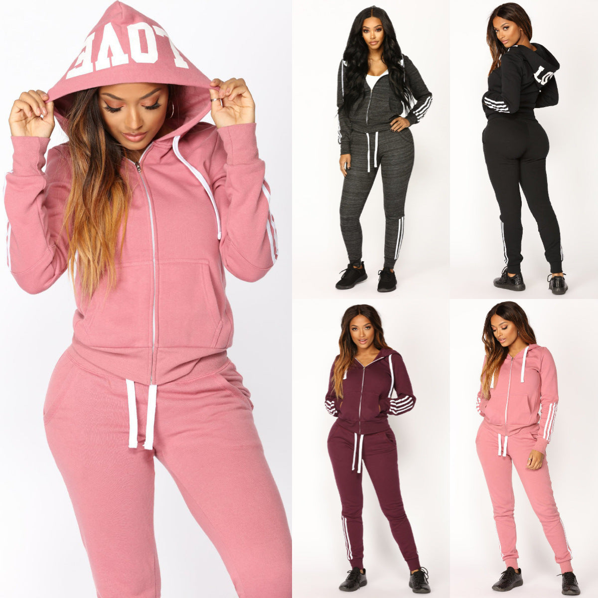 Ensemble de sweat à capuche zippé et de joggers slim pour femmes en French Terry avec des bandes contrastantes Echo Archiv