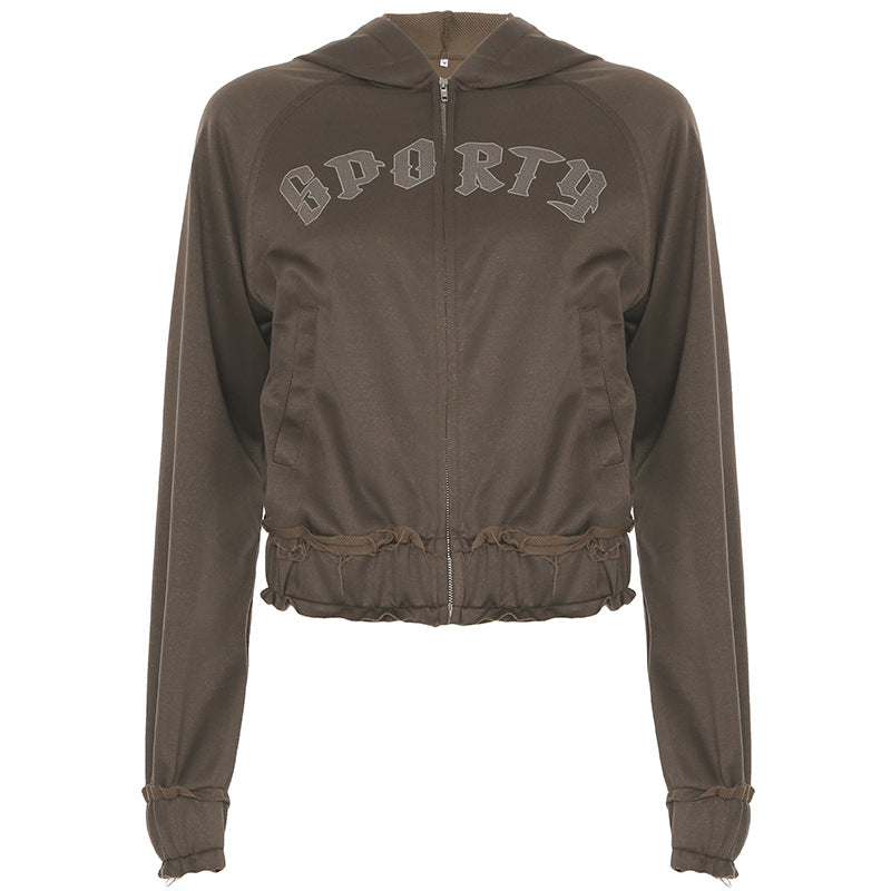 Veste cropped ajustée pour femmes avec fermeture éclair intégrale, bord élastique et impression universitaire Echo Archiv
