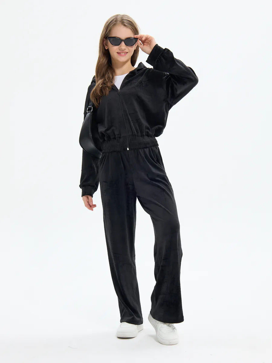 Ensemble de jogging à capuche en velours pour femmes avec fermeture éclair intégrale, ceinture élastique à cordon et jambe droite