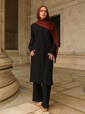 Ensemble tunique à boutons pour femmes avec silhouette droite, manches longues et large pantalon palazzo