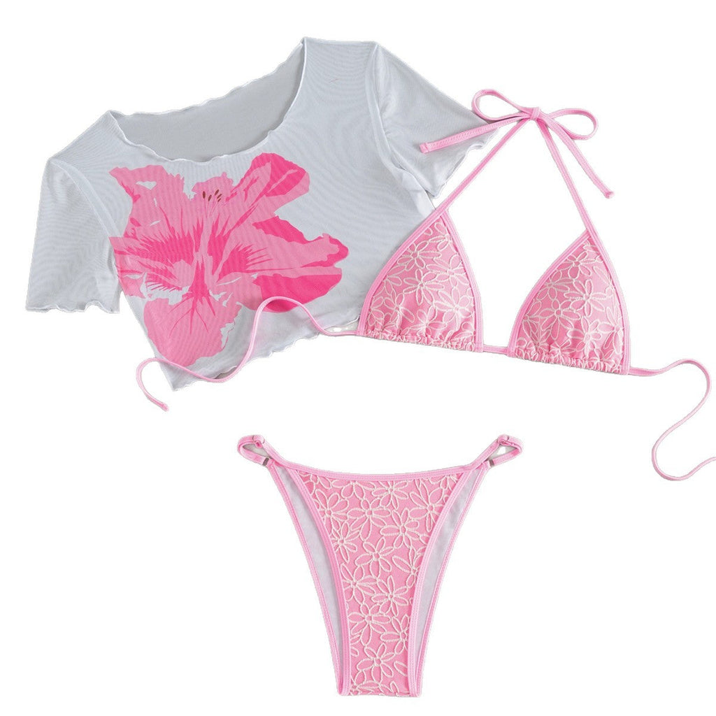 Ensemble de bikini femme avec crop-top à motif floral et surchemise transparente R&B