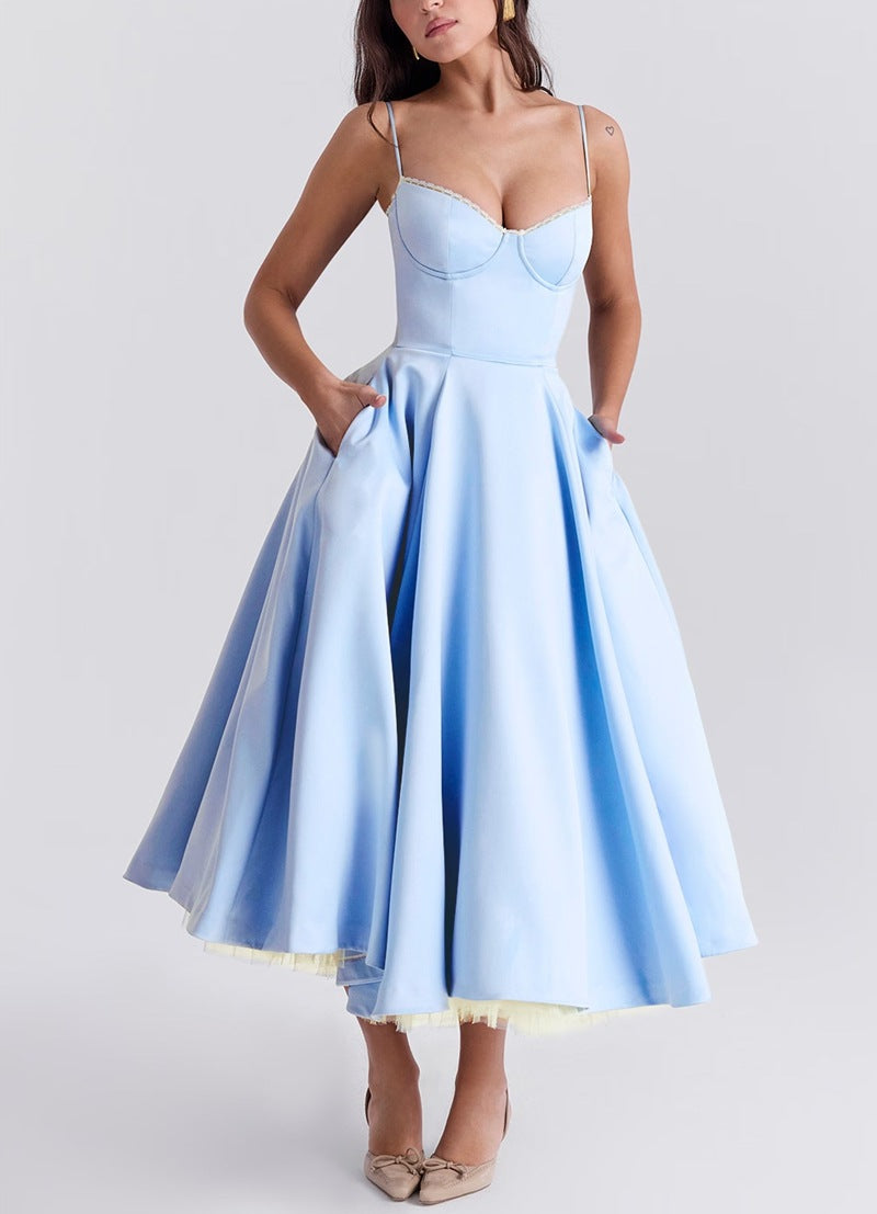 Robe midi rétro inspirée pour femmes avec corsage, coutures sous la poitrine, jupe évasée et poches latérales R&B