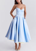 Robe midi rétro inspirée pour femmes avec corsage, coutures sous la poitrine, jupe évasée et poches latérales R&B
