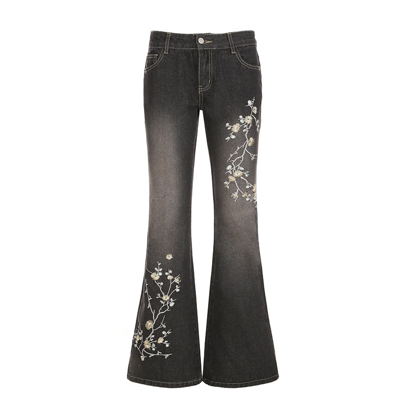 Jean femme taille haute avec broderie florale, denim stretch et coupe cinq poches Echo Archiv