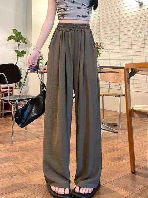 Pantalon palazzo large en look lin pour femmes avec taille haute, ceinture élastique et poches