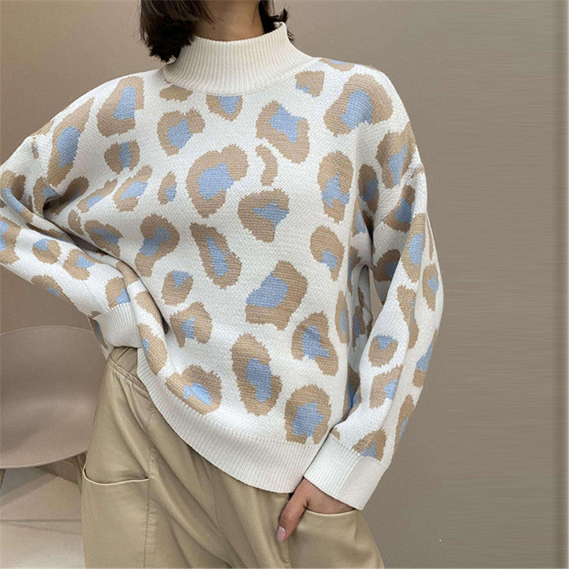 Pull à col roulé oversize pour femmes avec jacquard léopard et bordures côtelées Echoarchiv