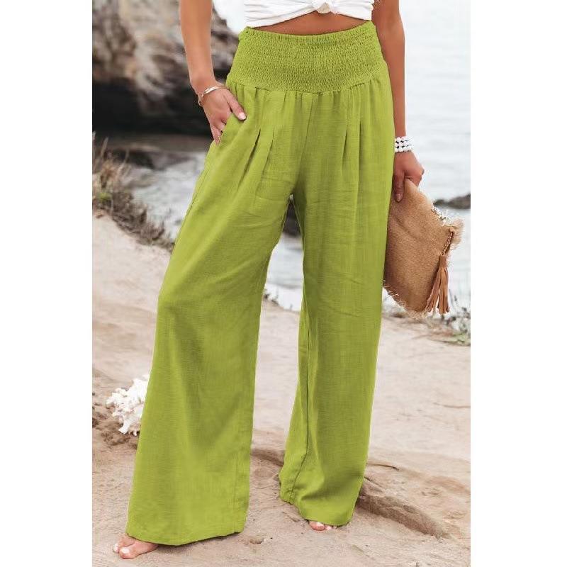 Pantalons larges smockés taille haute en mélange de lin pour femmes Echoarchiv