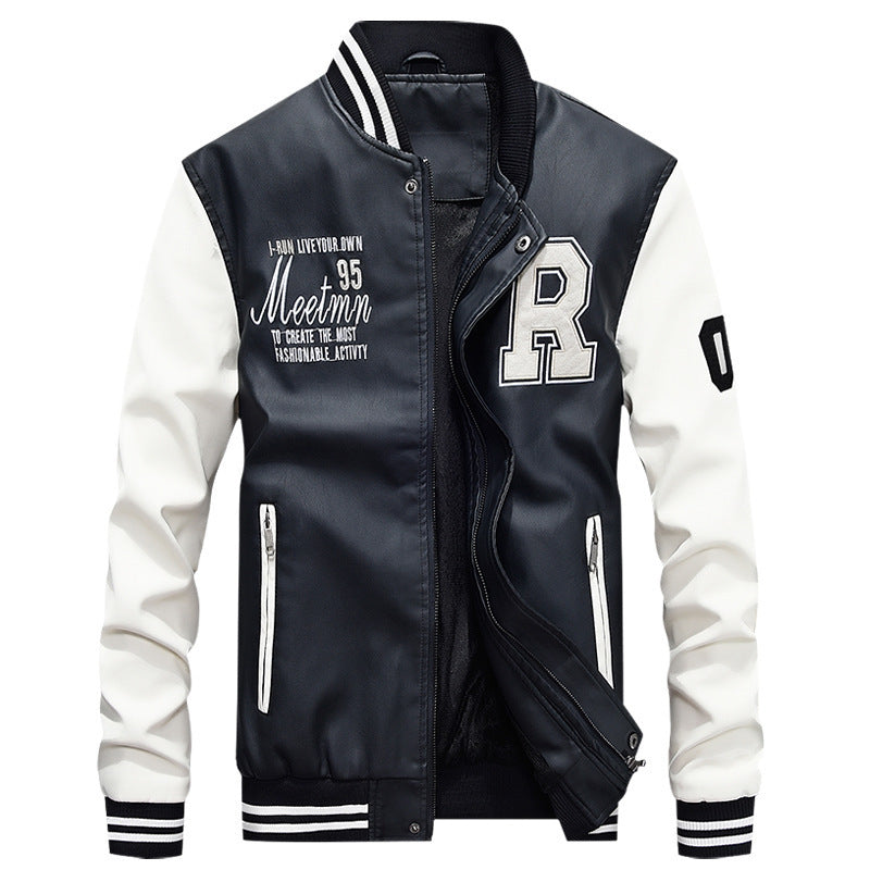 Veste en cuir Varsity pour hommes au style universitaire avec patch logo brodé, design à manches contrastées et bords côtelés Echo Archiv