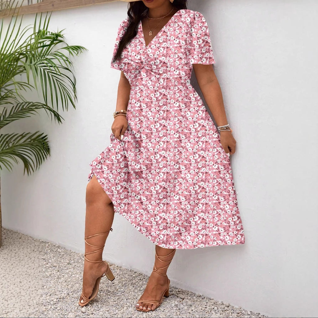 Robe Midi Femme avec Motif Floral et Fente Flatteuse R&B