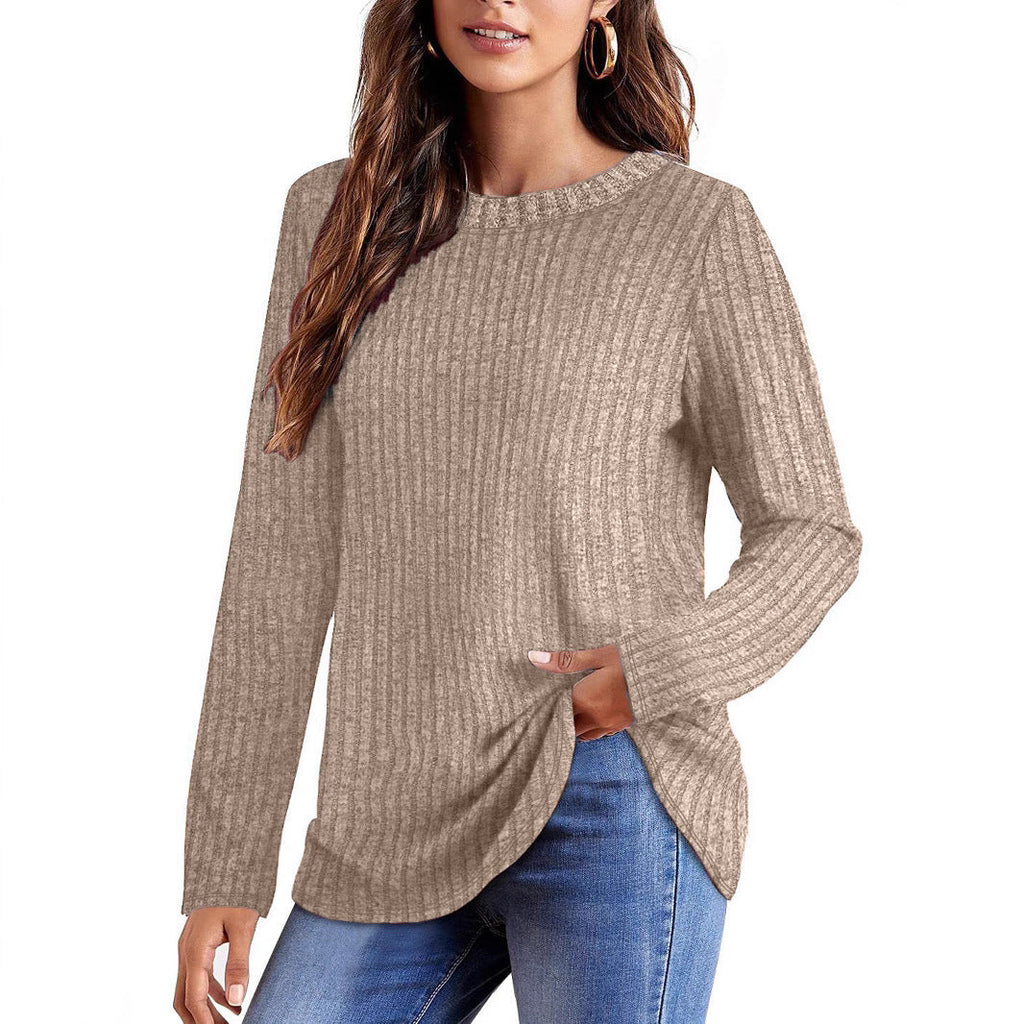 T-shirt long en maille fine côtelée pour femmes avec col rond et ourlet asymétrique