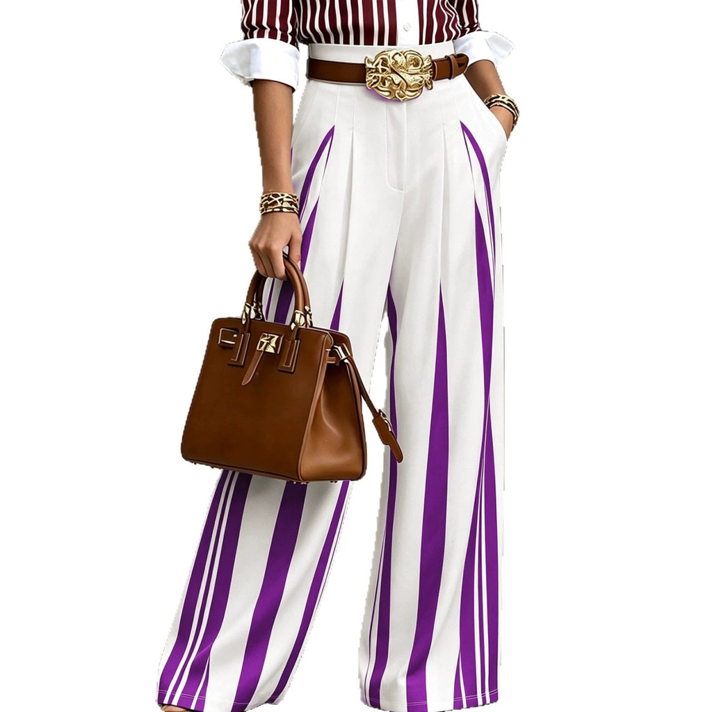 Pantalon palazzo large taille haute pour femmes avec rayures verticales et plis marqués Echoarchiv