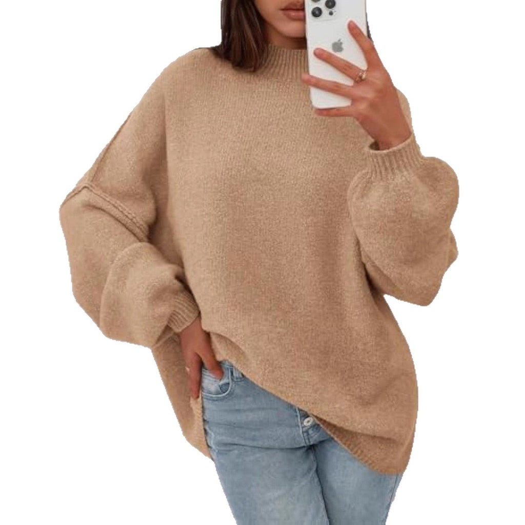 Pull en maille oversize pour femmes avec col montant et manches ballon
