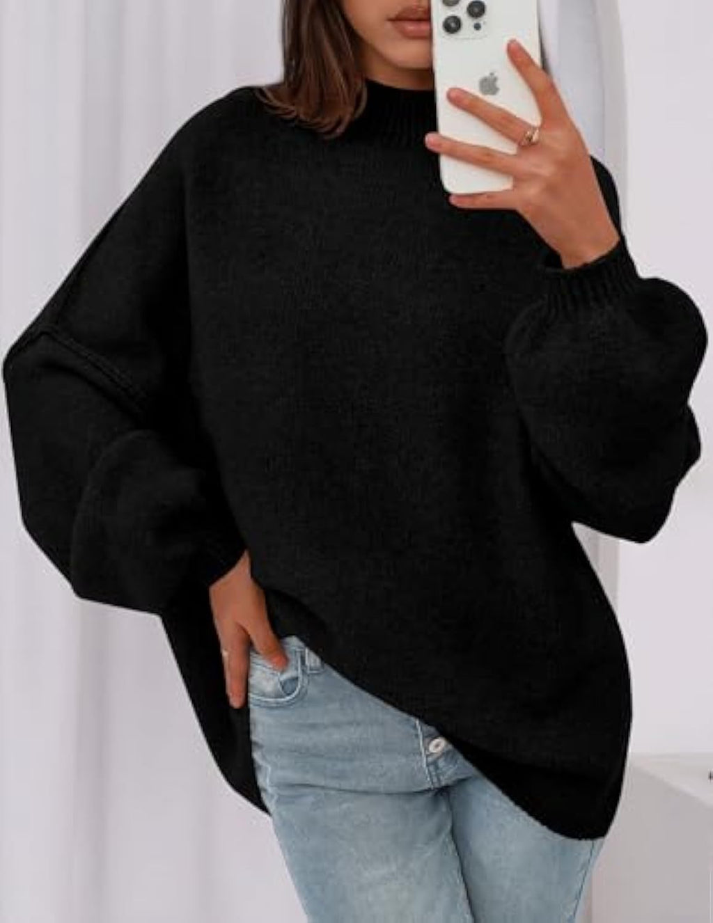 Pull en maille oversize pour femmes avec col montant et manches ballon