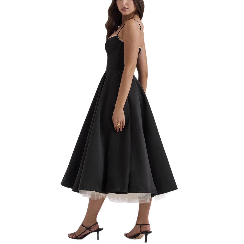 Robe midi rétro inspirée pour femmes avec corsage, coutures sous la poitrine, jupe évasée et poches latérales R&B