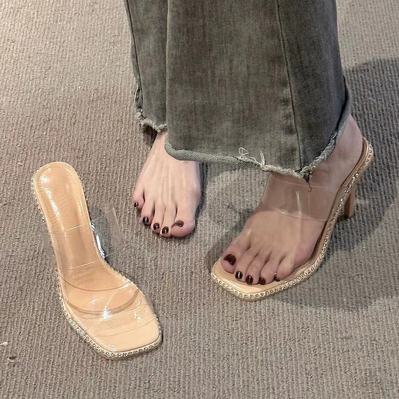Mules transparentes élégantes pour femmes avec bride scintillante R&B