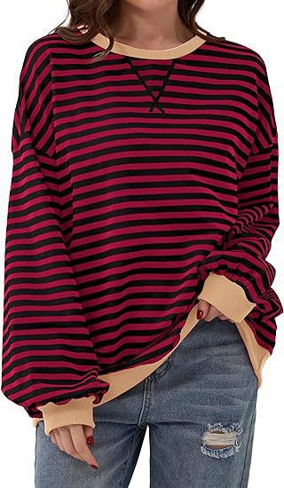 Sweat-shirt à rayures oversize décontracté pour femmes avec manches raglan et bords contrastés Echoarchiv
