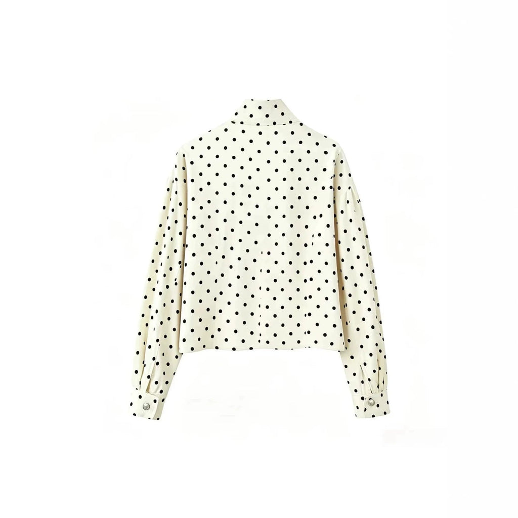 Veste Femme à Pois Croppée avec Col Montant, Manches Bouffantes et Boutons-pression