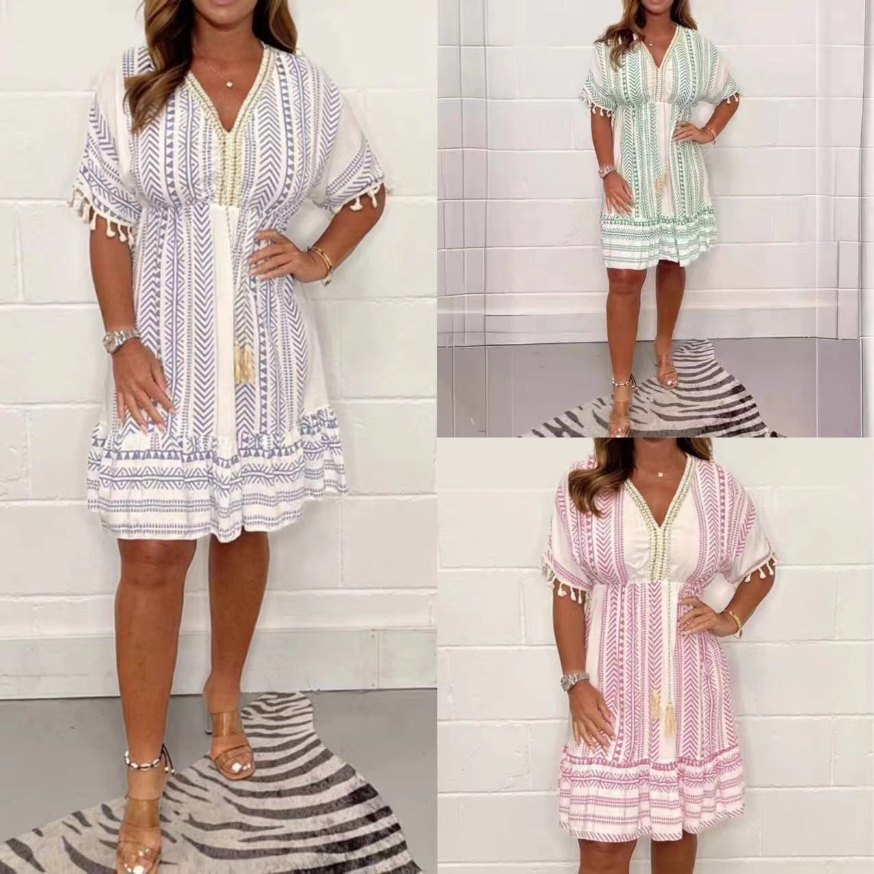 Tulum | Robe Mini Imprimé Boho Femme Décolleté en V à Franges Été