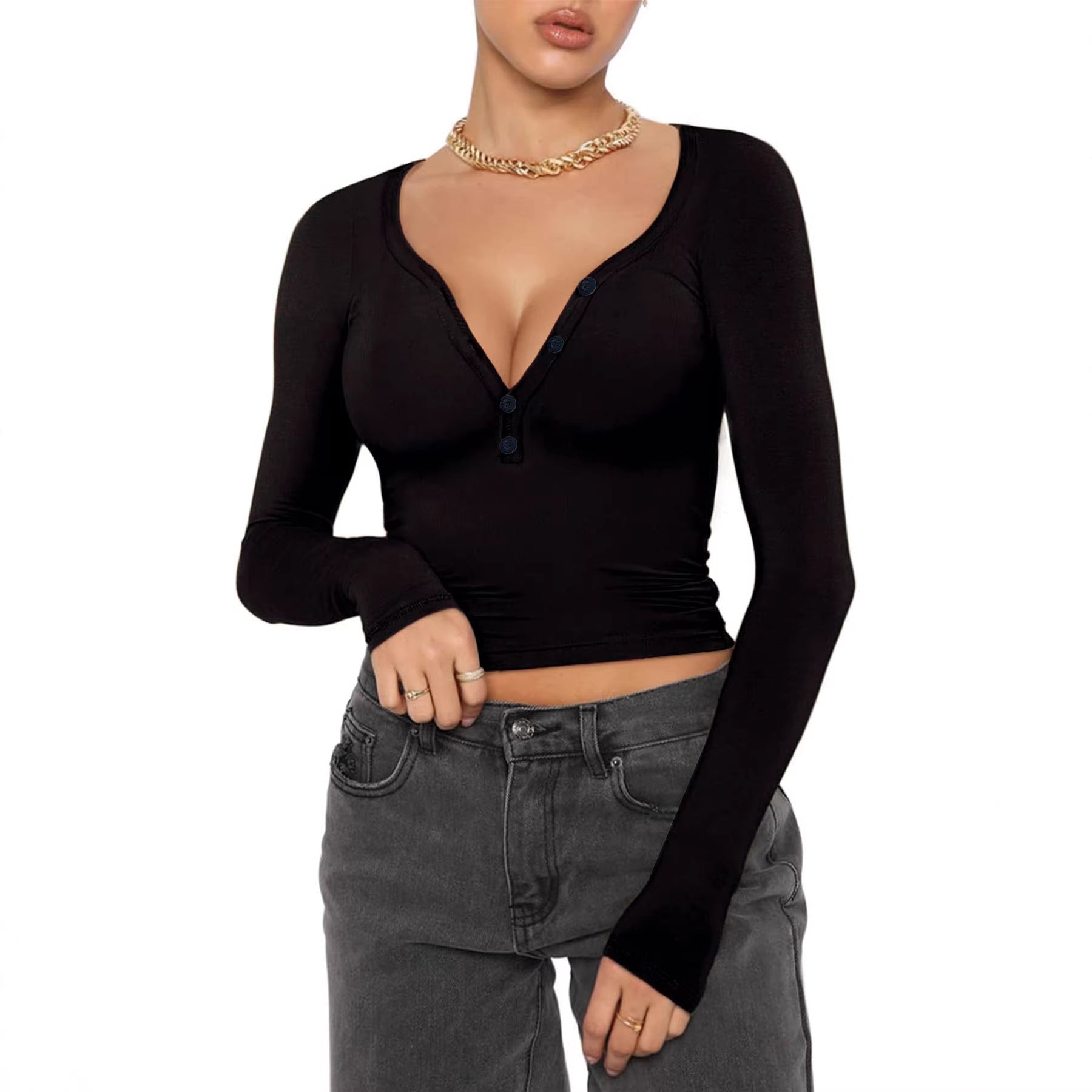 T-shirt à manches longues ajusté pour femmes avec patte de boutonnage Henley et décolleté en V profond Echo Archiv