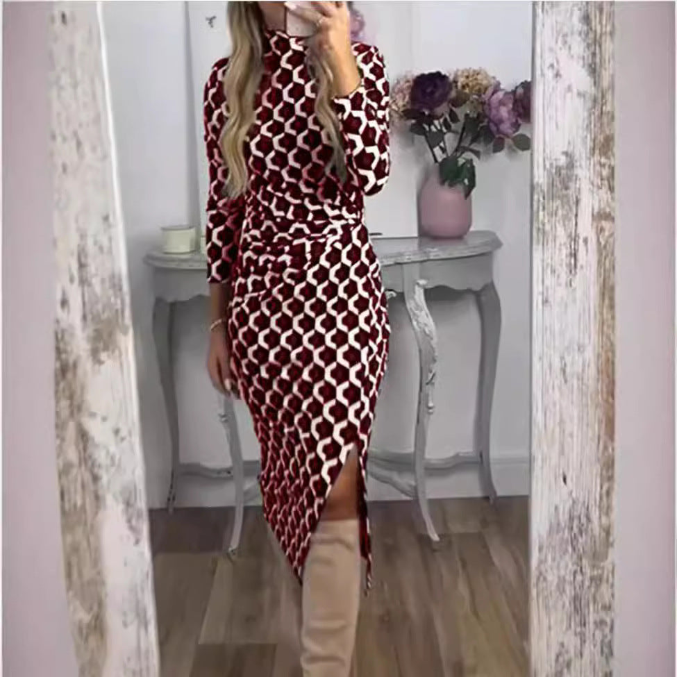 Robe midi ajustée pour femmes avec motif géométrique en nid d'abeille, col montant et fente latérale Echoarchiv